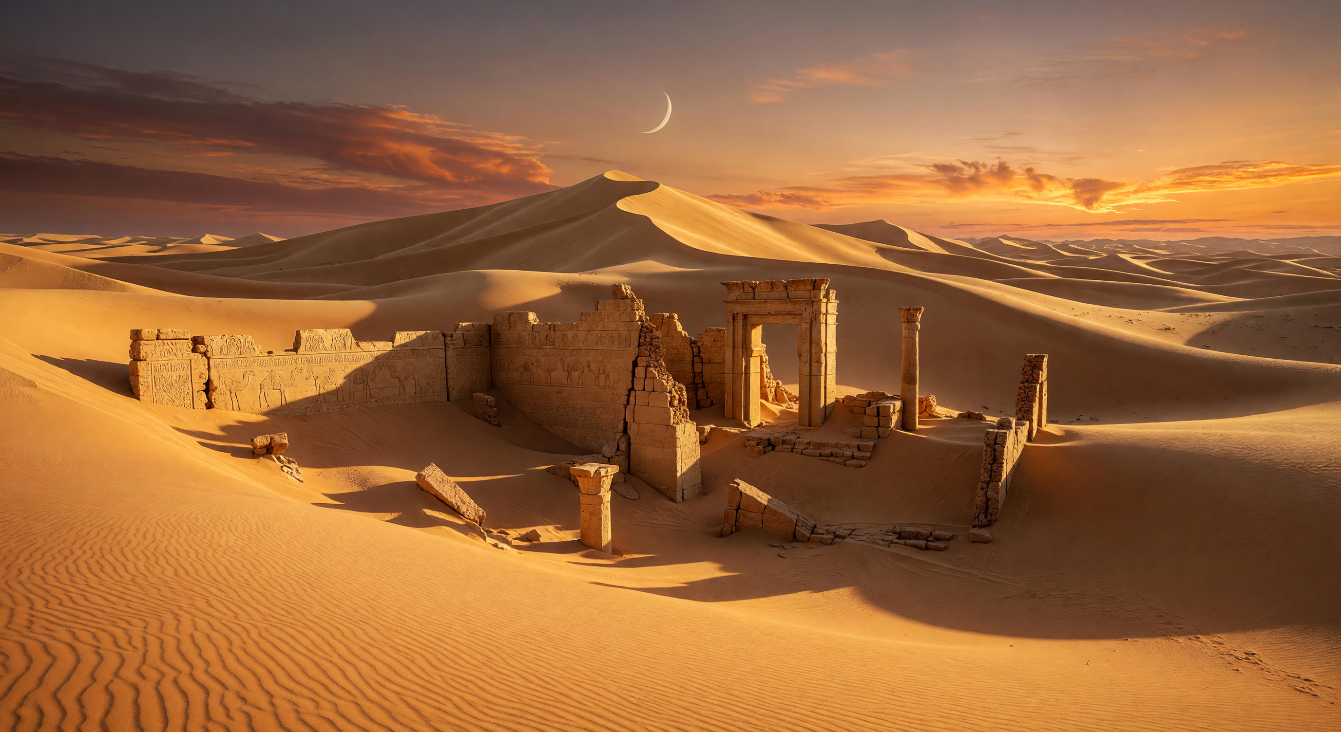A vast golden desert at sunset, ancient stone ruins half-buried in sand, a crescent moon rising over the dunes, warm amber light on everything