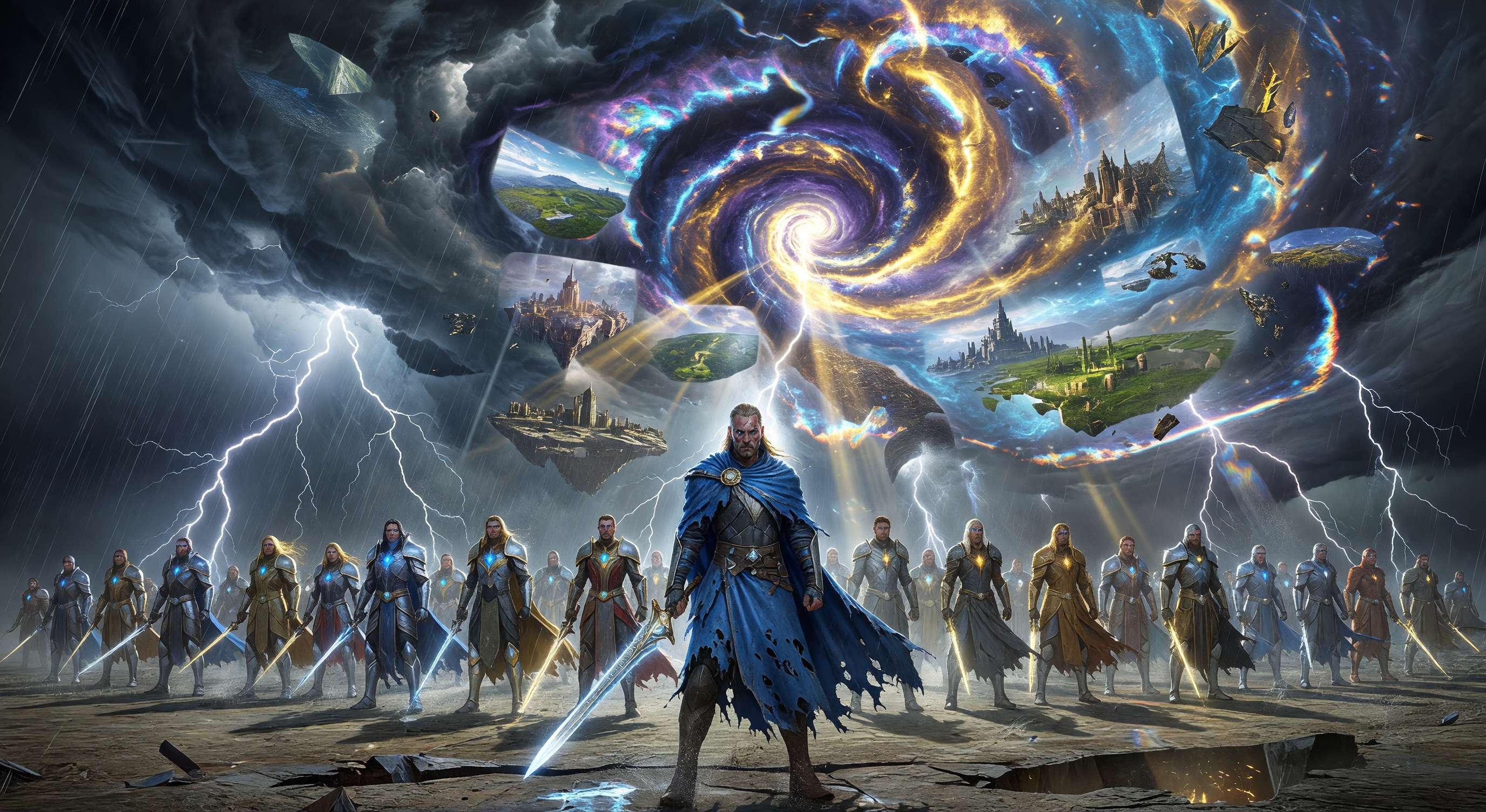 Vast stone plateau under a storm sky, highstorm on the horizon, a single armoured figure silhouetted against the lightning